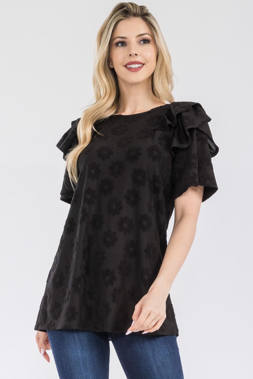 Black / S Celeste Full Size Ruffle Layered Short Sleeve Daisy Floral Top