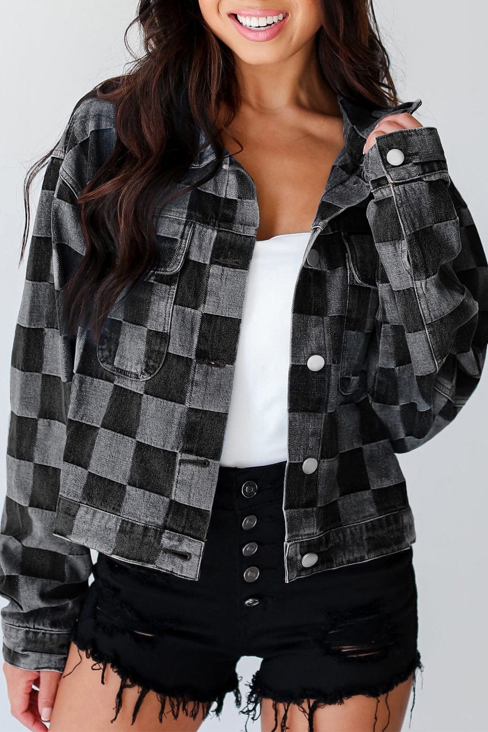 Black / S Checkered Button Up Denim Jacket