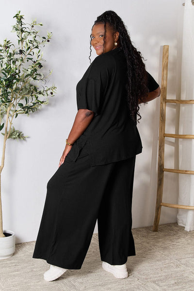 Black / S Double Take Full Size Round Neck Slit Top and Pants Set