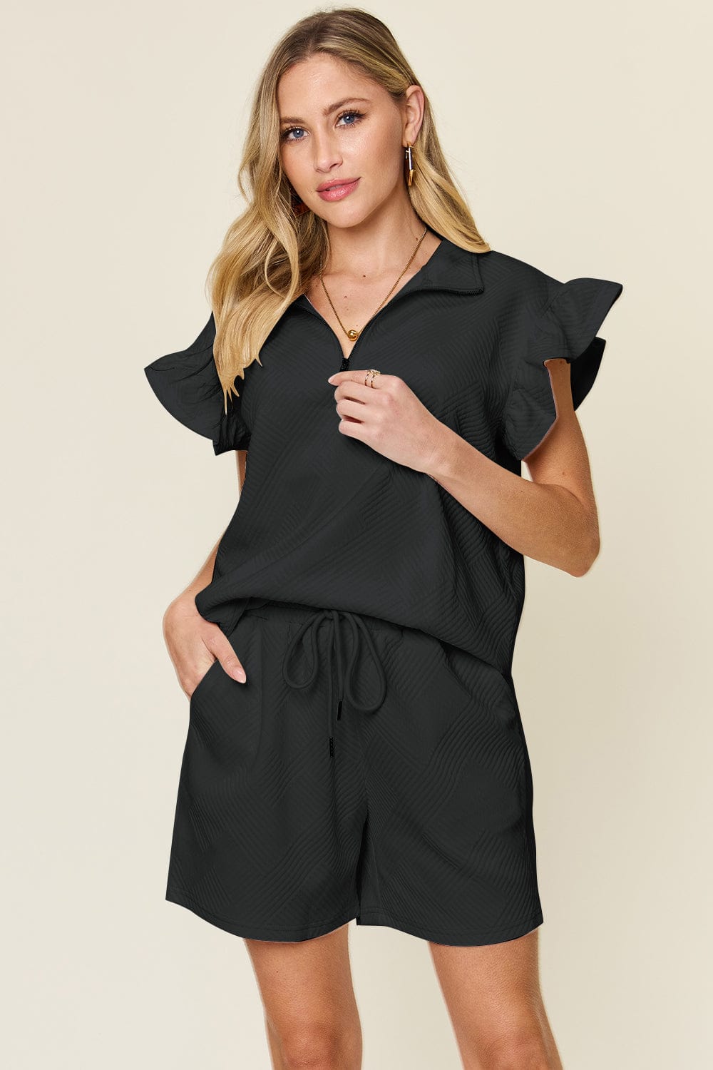 Black / S Double Take Full Size Texture Flounce Sleeve Top and Drawstring Shorts Set