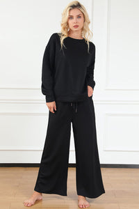Black / S Double Take Full Size Textured Long Sleeve Top and Drawstring Pants Set