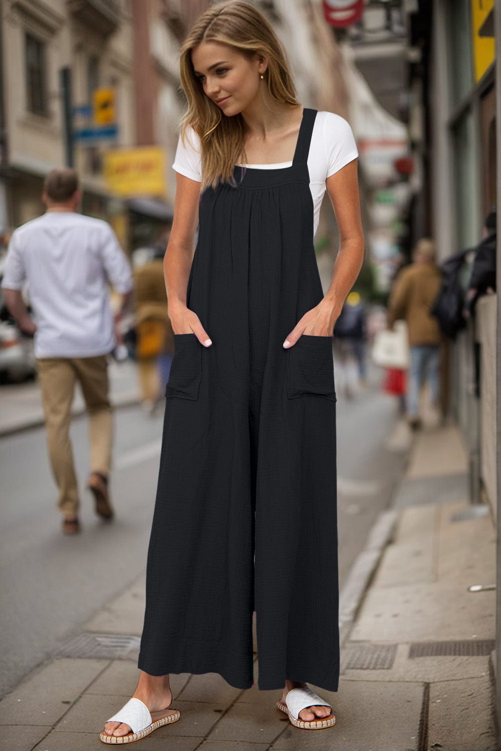 Black / S Double Take Full Size Wide Leg Overalls with Pockets