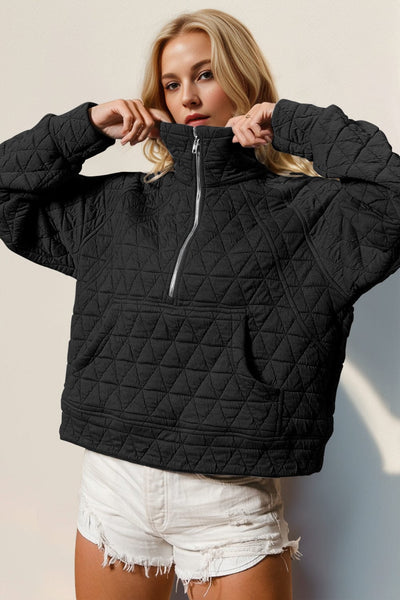 Black / S Double Take Half Zip Long Sleeve Quilted Sweatshirt with Pocket