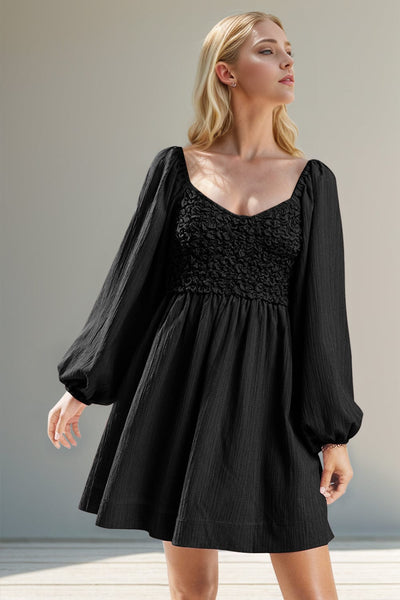 Black / S Double Take Texture Smocked Balloon Sleeve Mini Dress