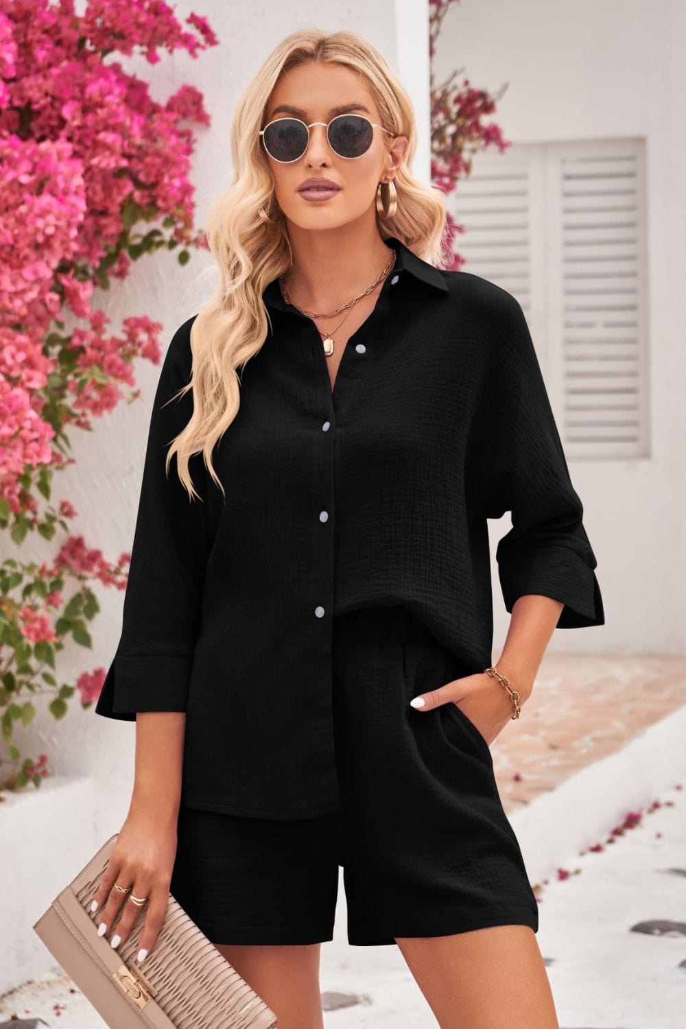 Black / S Double Take Textured Shirt and Elastic Waist Shorts Set