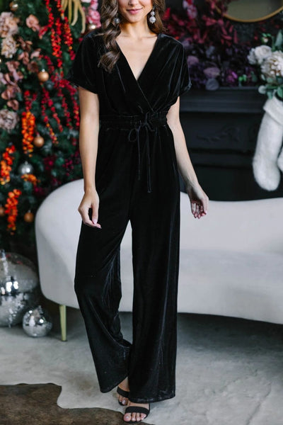 Black / S Drawstring Surplice Short Sleeve Jumpsuit