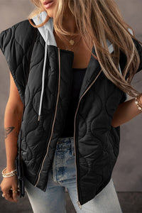 Black / S Drawstring Zip Up Hooded Vest Coat