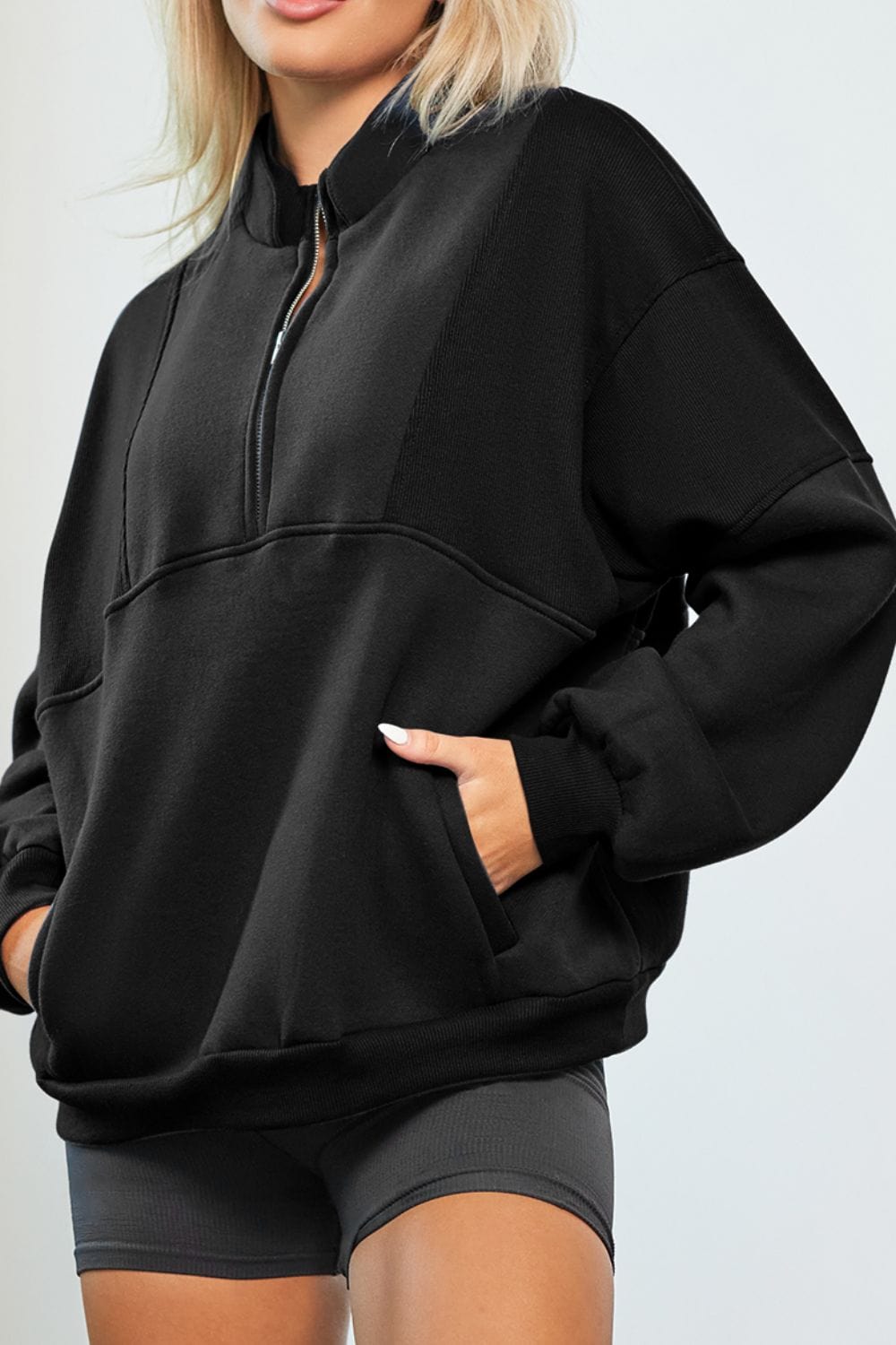 Black / S Half Zip Drop Shoulder Long Sleeve Sweatshirt