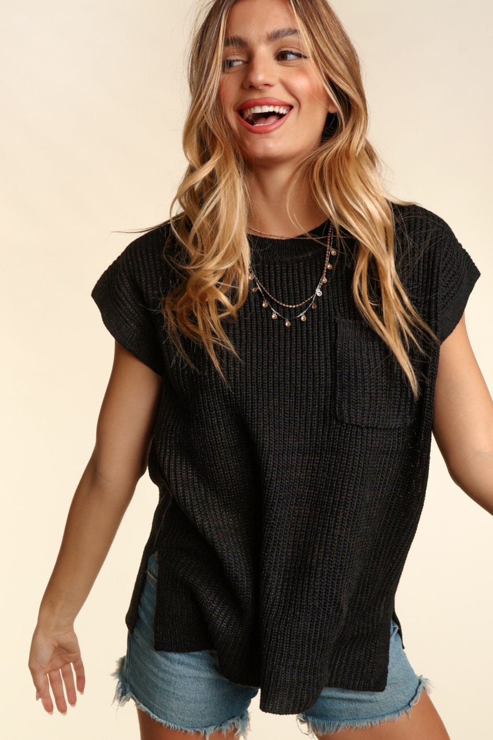 Black / S Haptics Pocketed Round Neck Cap Sleeve Knit Top