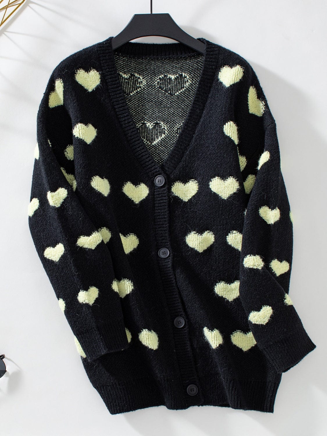 Black / S Heart V-Neck Button Up Long Sleeve Cardigan