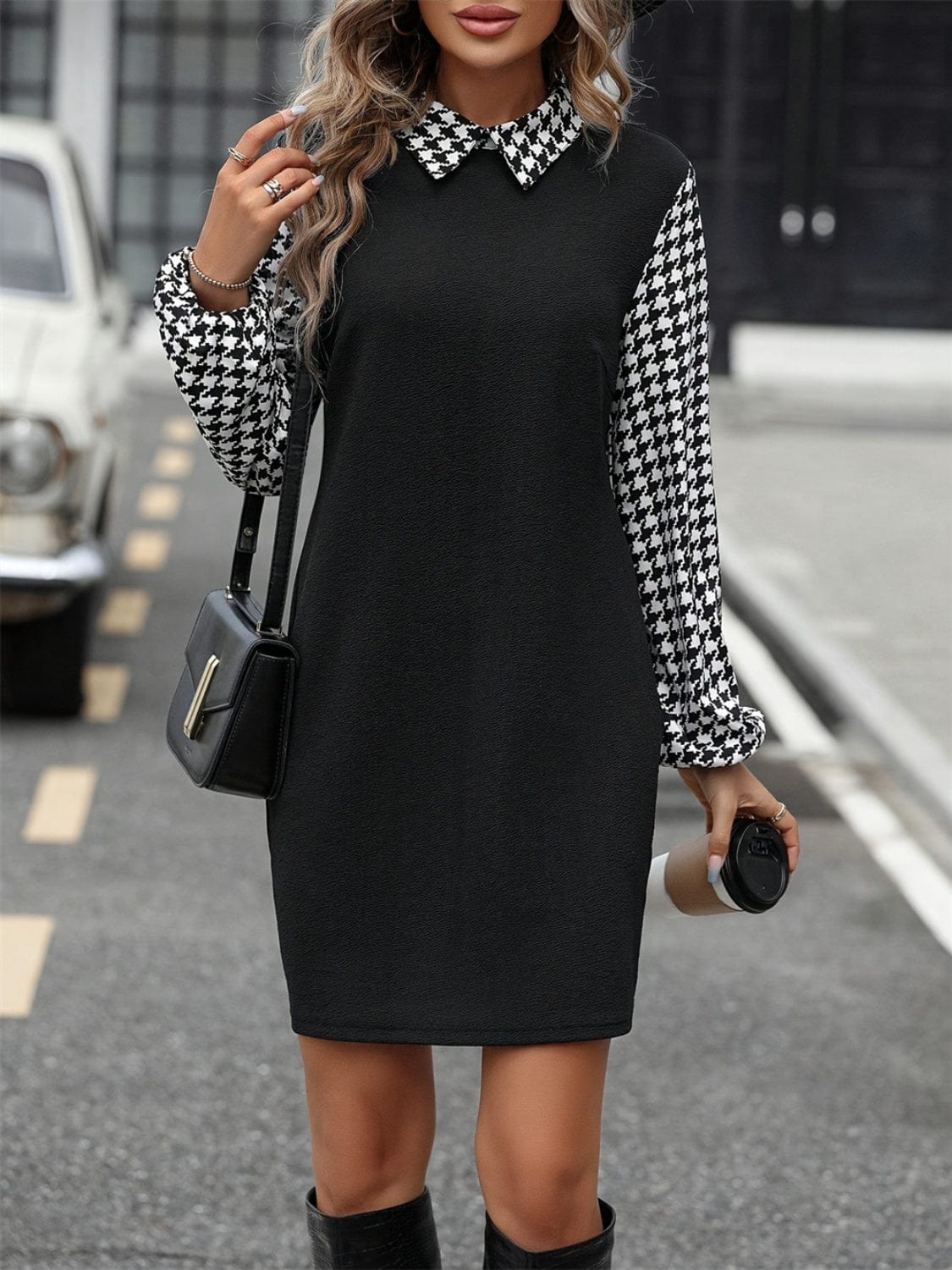 Black / S Houndstooth Collared Neck Long Sleeve Mini Dress