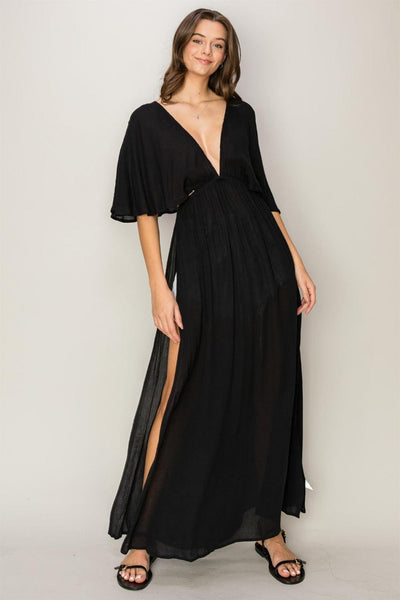 Black / S HYFVE Tie Back Maxi Split Cover Up Dress