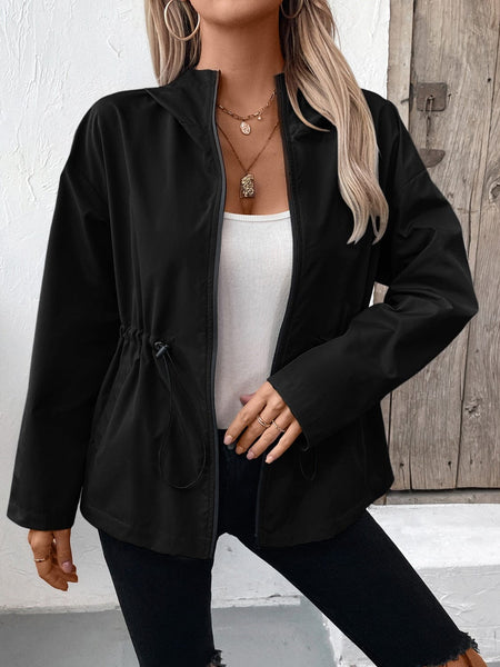 Black / S Ivy Lane Drawstring Zip Up Hooded Jacket