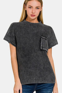 BLACK / S/M Zenana Pocketed Mock Neck Short Sleeve Sweater