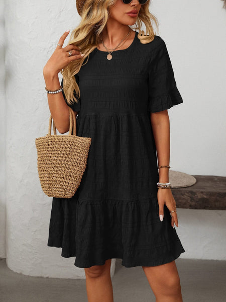 Black / S Mandy Ruffled Ruched Round Neck Half Sleeve Dress