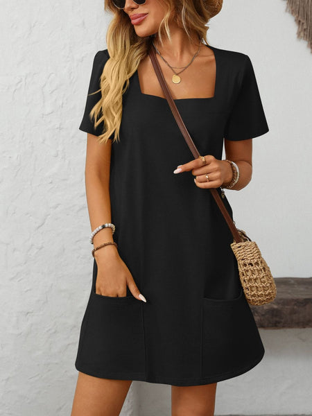 Black / S Mandy Square Neck Short Sleeve Mini Dress