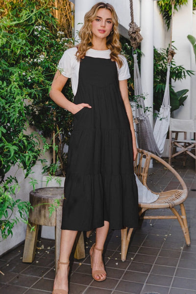 Black / S ODDI Full Size Sleeveless Tiered Midi Dress