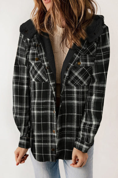 Black / S Plaid Snap Down Hooded Jacket