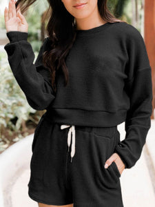 Black / S Ribbed Round Neck Long Sleeve Top and Shorts Set