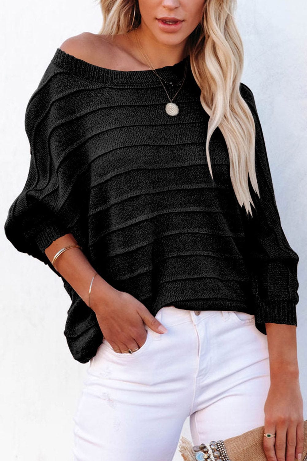 Black / S Round Neck Long Sleeve Knit Top