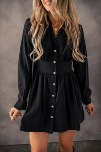 Black / S Ruched Button Up Long Sleeve Dress