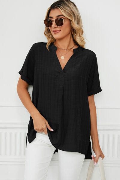 Black / S Ruched Notched Short Sleeve Blouse