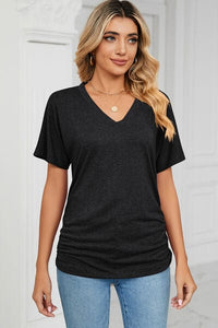 Black / S Ruched V-Neck Short Sleeve T-Shirt