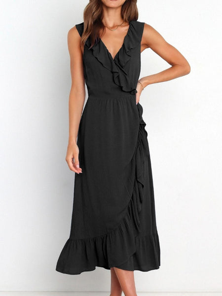 Black / S Ruffled Surplice Sleeveless Midi Dress