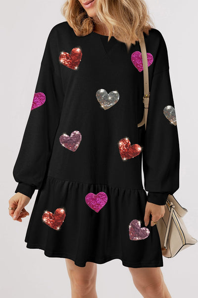 Black / S Sequin Heart Round Neck Long Sleeve Mini Dress