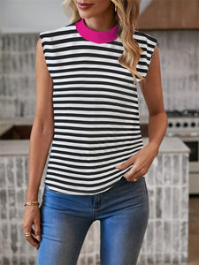 Black / S Striped Mock Neck Tank