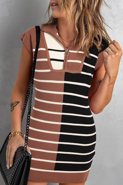 Black / S Striped Quarter Zip Cap Sleeve Sweater Dress