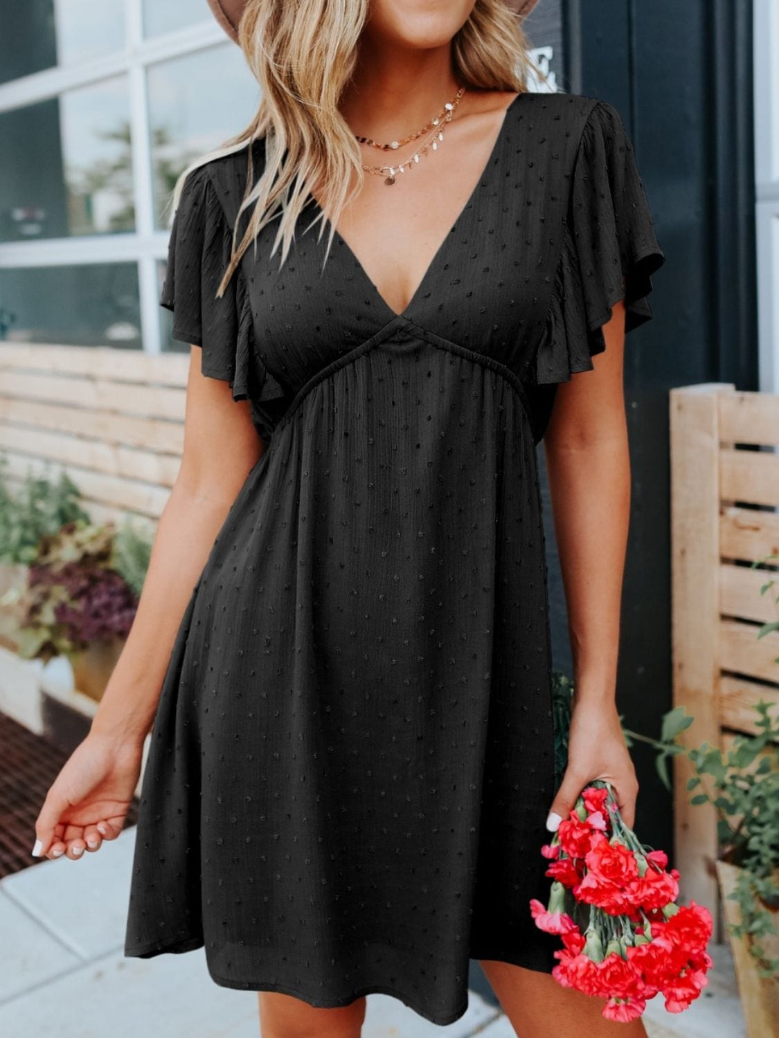 Black / S Swiss Dot V-Neck Short Sleeve Dress