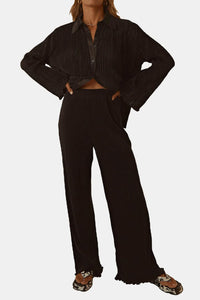 Black / S Textured Button Up Collared Neck Top and Pants Set