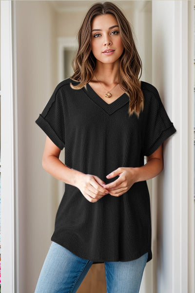 Black / S Textured V-Neck Short Sleeve Top