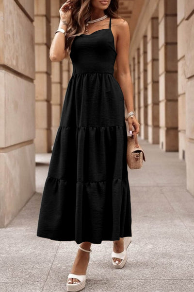 Black / S Tiered Crisscross Spaghetti Strap Dress