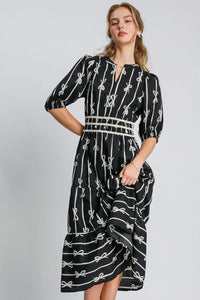 Black / S Umgee Bow Tie Print Notched Contrast Velvet Trim Midi Dress