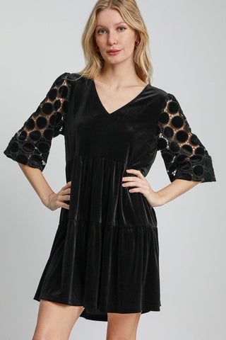 Black / S Umgee Dotted Lace Sleeve Tiered Velvet Mini Dress