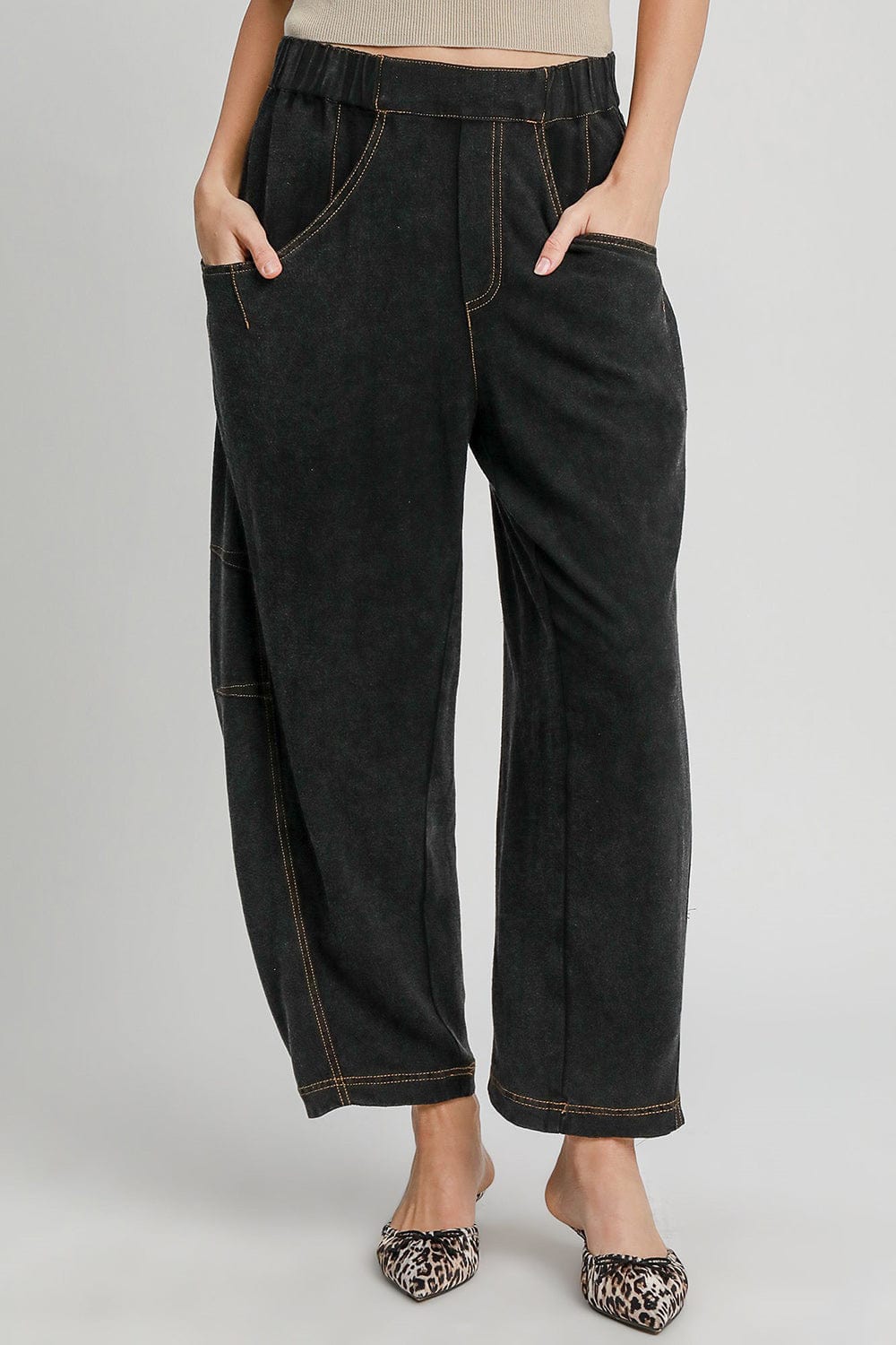 Black / S Umgee Elastic Waist Baggy Fit Pants with Pockets