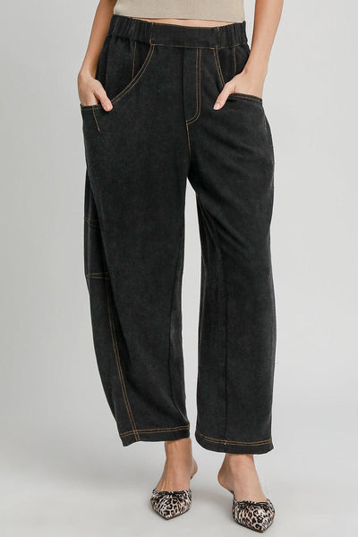 Black / S Umgee Elastic Waist Baggy Fit Pants with Pockets