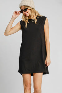 Black / S Umgee Round Neck Sleeveless High-Low Curved Hemline Mini Dress