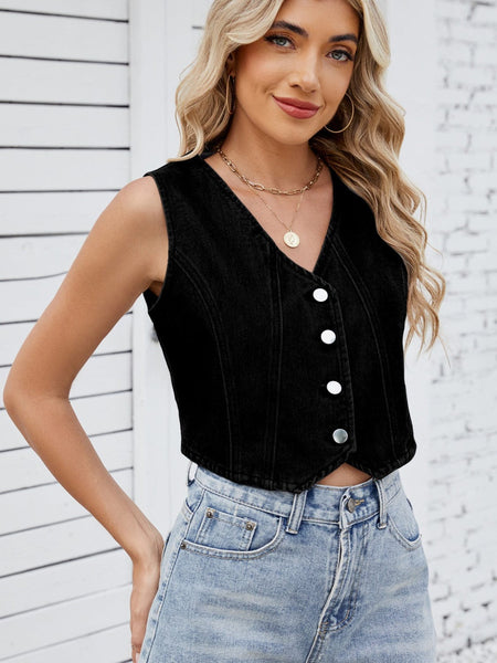 Black / S V-Neck Button Down Denim Vest