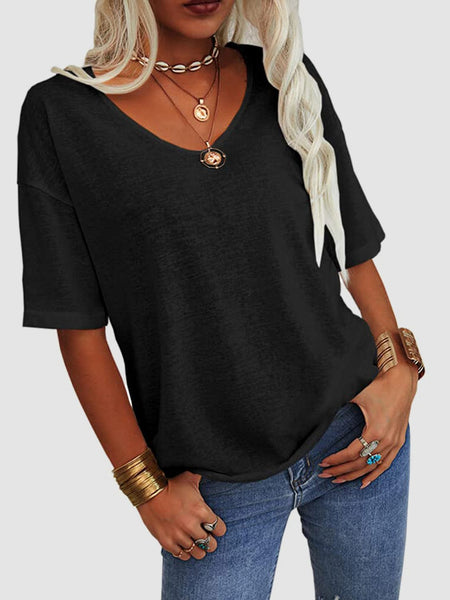 Black / S V-Neck Dropped Shoulder Half Sleeve T-Shirt