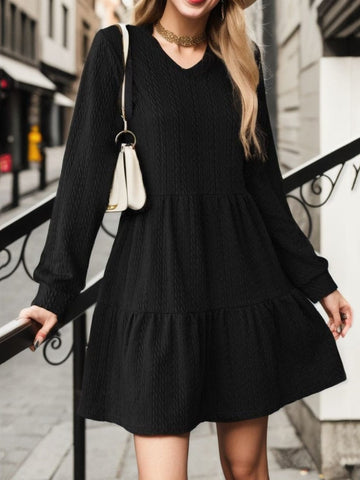 Black / S V-Neck Long Sleeve Mini Dress