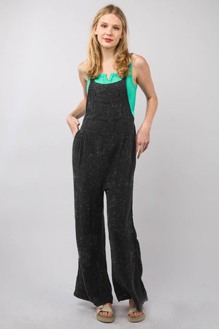 Black / S VERY J Texture Washed Wide Leg Overalls