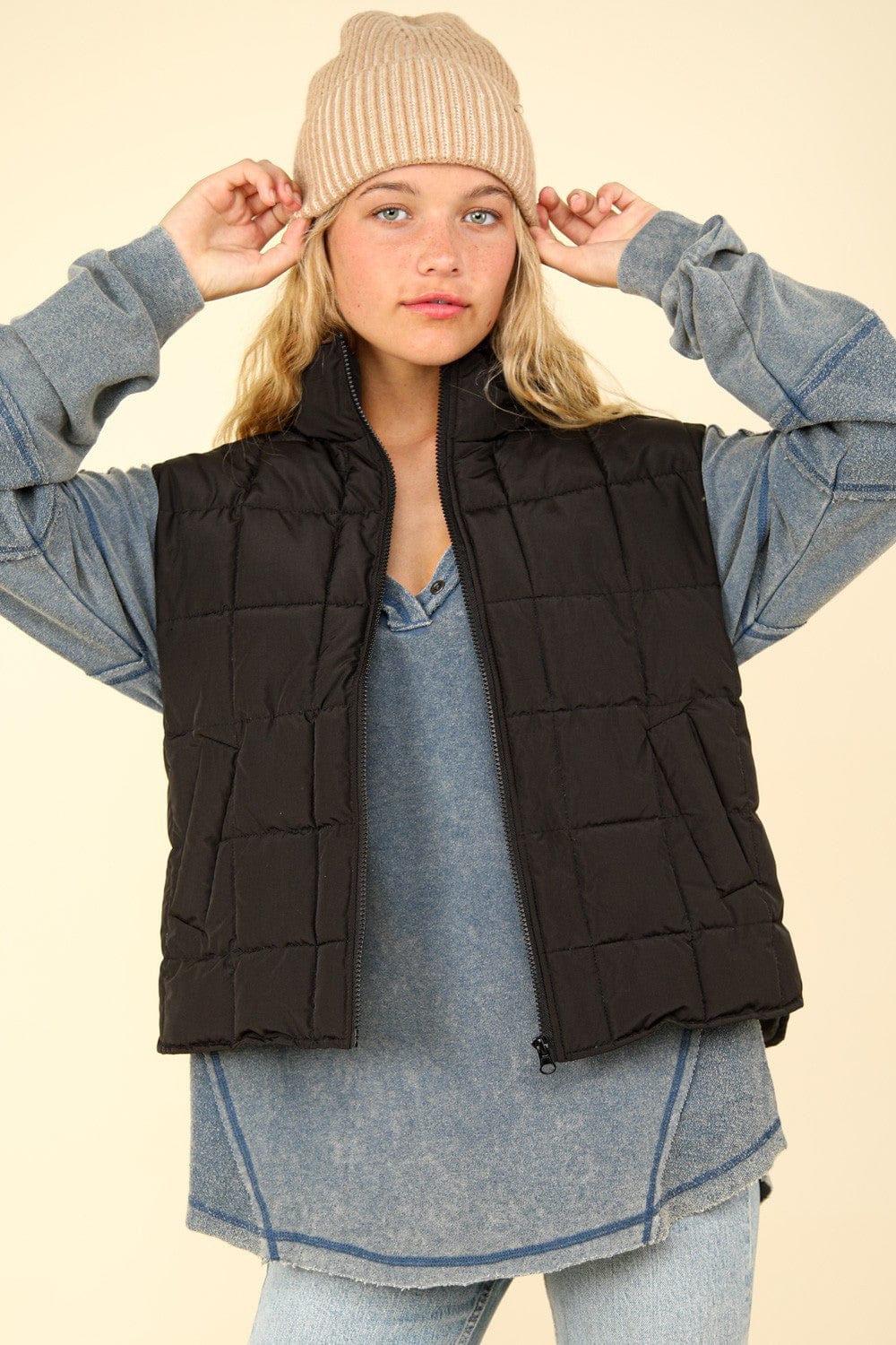 Black / S VERY J Zip Up Puffer Padded Warm Vest