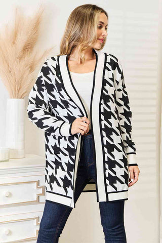 Black / S Woven Right Houndstooth Open Front Longline Cardigan