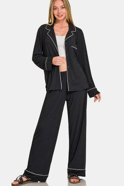 Black / S Zenana Button Down Long Sleeve Top and Pants Lounge Set