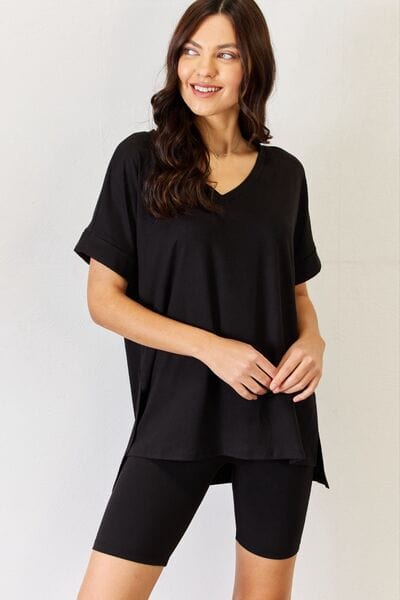 Black / S Zenana Full Size V-Neck Short Sleeve Slit T-Shirt and Shorts Set