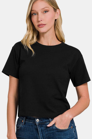 Black / S Zenana Round Neck Short Sleeve Cropped T-Shirt