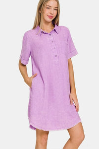 BLAVENDER / S Zenana Washed Linen Raw Hem Dress with Pockets